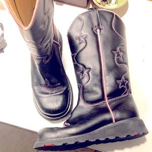 Vtg Fluevog black pink western cowboy boots stars